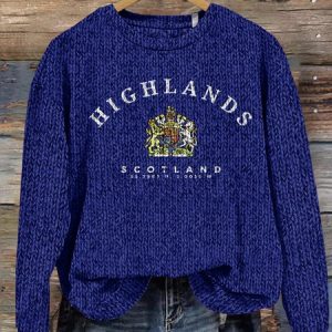 Scottish Highland Pattern Round Neck Sweater, Sweaters, Lilicloth.com