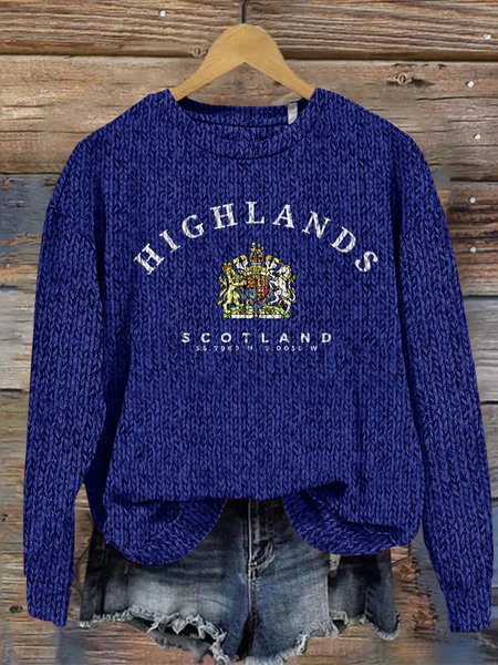 Scottish Highland Pattern Round Neck Sweater, Sweaters, Lilicloth.com