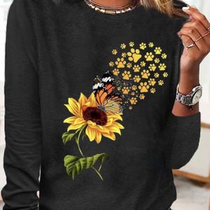 Women's Sunflowers Butterfly Paw Print Casual Crew Neck Top, Long sleeves, Lilicloth.com