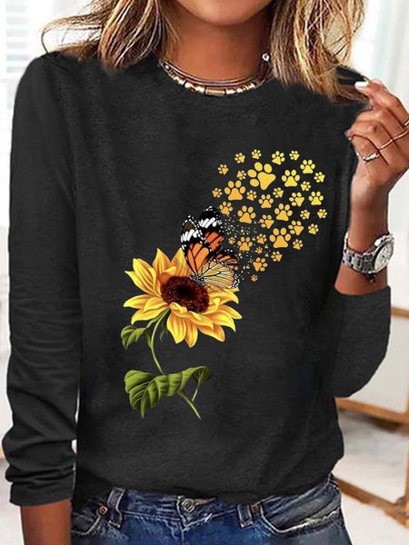 Women's Sunflowers Butterfly Paw Print Casual Crew Neck Top, Long sleeves, Lilicloth.com