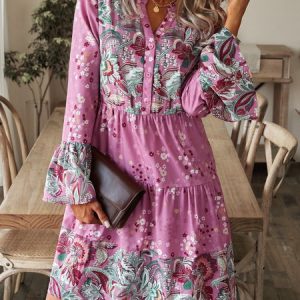 V Neck Loosen Casual Long sleeve Woven Dress, Short, color:Rose Red|size:XXL, catalog Noracora shop