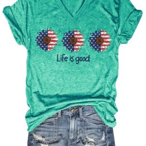 American Flag And Sunflower Women's T-Shirt, T-shirts, Lilicloth.com