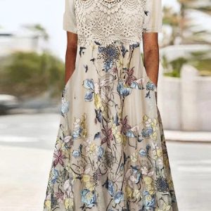 Women Floral V Neck Short Sleeve Comfy Vintage Maxi Dress, Dresses, color:As Picture|size:XXL, catalog Noracora shop