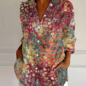 Shawl Collar Long Sleeve Multicolor Block Regular Micro-Elasticity Loose Shirt For Women, Shirts, color:As Picture|size:4XL, catalog Noracora shop
