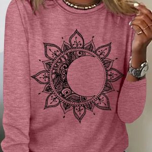 Women's Mandala Sun And Moon Crew Neck Casual Top, Long sleeves, Lilicloth.com