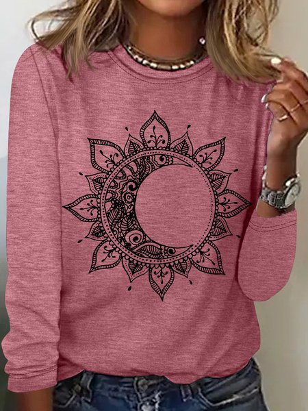 Women's Mandala Sun And Moon Crew Neck Casual Top, Long sleeves, Lilicloth.com