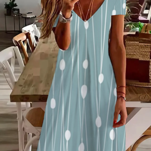 Women's Short Sleeve Summer Striped Printing Dress V Neck Daily Going Out Casual Knee Length T-Shirt Dress H-Line Dress, JustFashionNow Casual Dresses, color:Green|size:XXL,