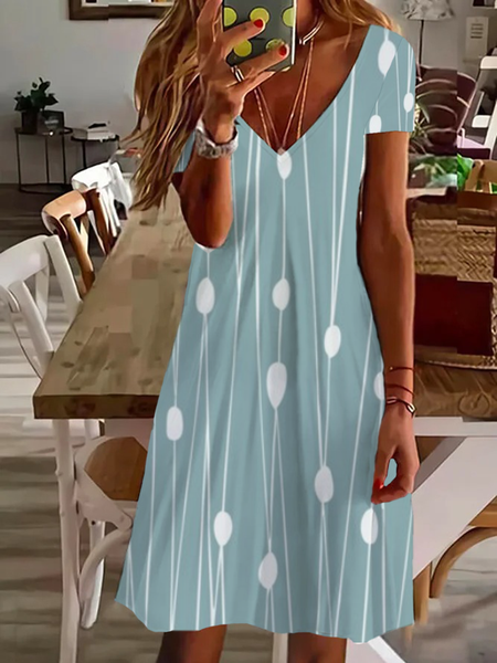 Women's Short Sleeve Summer Striped Printing Dress V Neck Daily Going Out Casual Knee Length T-Shirt Dress H-Line Dress, JustFashionNow Casual Dresses, color:Green|size:XXL,