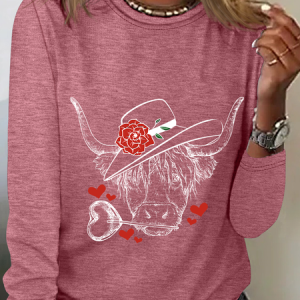 Highland Cow Valentines Day Casual Long Sleeve Shirt, Long sleeves, Lilicloth.com