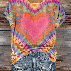Retro Colorful Love Hearts Tie Dye Casual T-shirt, T-shirts, Lilicloth.com