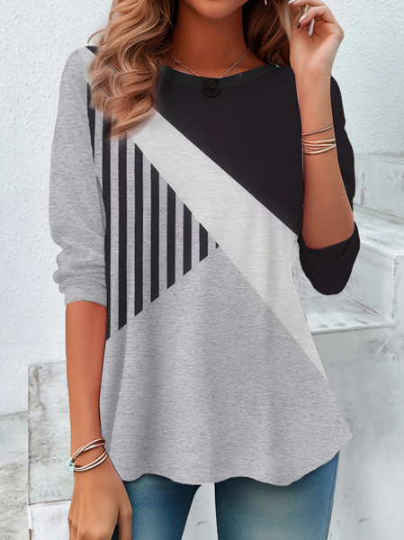 Women's Striped Color Block Splicing Print Casual Round Neck Tunic T-Shirt, Long sleeves, Lilicloth.com
