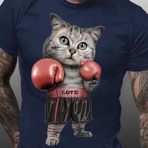 Men's Boxing Cat Funny Graphic Print Casual Cotton T-Shirt, T-shirts, Lilicloth.com