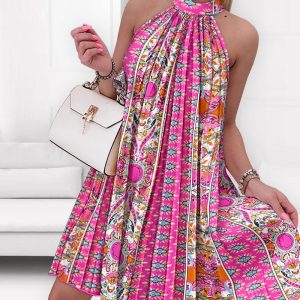 Floral Print Sleeveless Halter Casual Pleated Dress Vintage Dress, women Print Dresses, ChicMe catalog