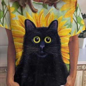 Women's Black And Sunflower Abstract Casual Short Sleeve T-Shirt, T-shirts, Lilicloth.com
