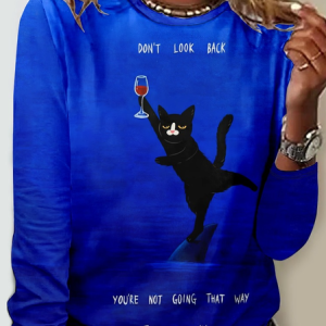 Cat Regular Fit Casual Crew Neck Long Sleeve Shirt, Long sleeves, Lilicloth.com
