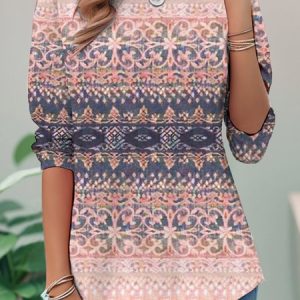 Casual Crew Neck Ethnic Jersey T-Shirt, Long sleeves, Lilicloth.com