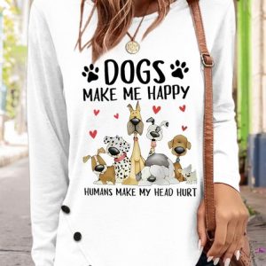 Women's Funny Word Dog Make Me Happy Simple Crew Neck Long Sleeve Top, Long sleeves, Lilicloth.com