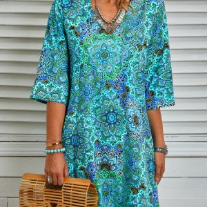 Polyester Fibre Floral V Neck Boho Short Tunic Dress, Short, color:As Picture|size:XXL, catalog Noracora shop
