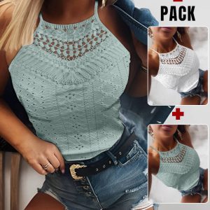 2 Pieces Halter Lace Up Water Soluble Lace Trim Sleeveless Tank Jacquard Casual Slim Fit Knit Top, women Tanks & Crop Tops, ChicMe catalog