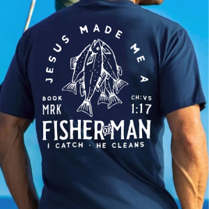 Men's Jesus Made Me A Fisher Of Man I Catch He Cleans Funny Religious Bible Graphic Print Cotton Casual Crew Neck Loose T-Shirt, T-shirts, Lilicloth.com