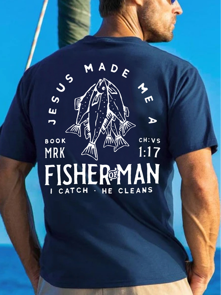Men's Jesus Made Me A Fisher Of Man I Catch He Cleans Funny Religious Bible Graphic Print Cotton Casual Crew Neck Loose T-Shirt, T-shirts, Lilicloth.com