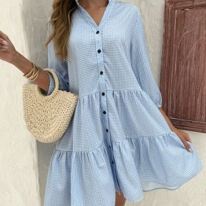 Plaid Buckle Stand Collar Casual Tunic Dress, Short, color:Blue|size:XS, catalog Noracora shop