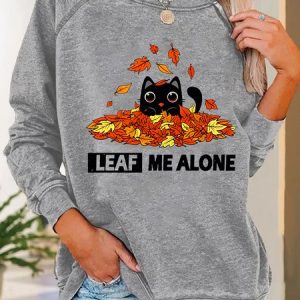 Leaf Me Alone Fall Cat Casual Sweatshirt, Hoodies&Sweatshirts, Lilicloth.com