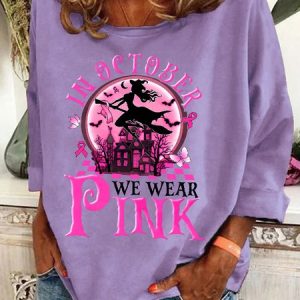 In October We Wear Pink Witch Breast Cancer Casual Sweatshirt, Hoodies&Sweatshirts, Lilicloth.com