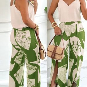 2 Piece Plant Pattern V-Neck Spaghetti Strap Top Slit Front Wdie Leg Pants Elegant Pants Set, women Two-piece Sets, ChicMe catalog