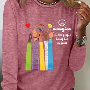 Imagine All The People Living Life In Peace Art Print Casual Long Sleeve Shirt, Long sleeves, Lilicloth.com