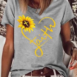 Women's Sunflower Faith Christian Letters Crew Neck Casual T-Shirt, T-shirts, Lilicloth.com