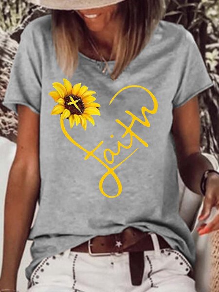 Women's Sunflower Faith Christian Letters Crew Neck Casual T-Shirt, T-shirts, Lilicloth.com