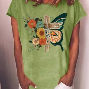 Women's Faith Graphic Retro Floral Christian Casual Loose Butterfly Crew Neck T-Shirt, T-shirts, Lilicloth.com