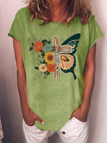 Women's Faith Graphic Retro Floral Christian Casual Loose Butterfly Crew Neck T-Shirt, T-shirts, Lilicloth.com
