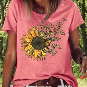 Women's Sunflower Butterflies Casual Letters T-Shirt, T-shirts, Lilicloth.com