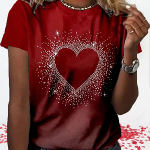 Casual Heart/Cordate Crew Neck Short Sleeve T-shirt, T-shirts, color:Red|size:3XL, catalog Noracora shop