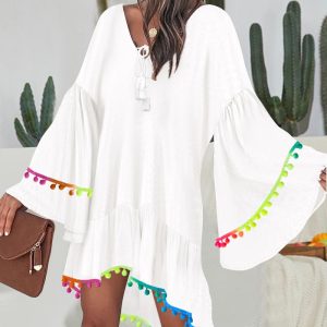 Colorblock V-Neck Bell Sleeve A Line Tassel Mini Dress Vacation Dress, women Casual Dresses, ChicMe catalog