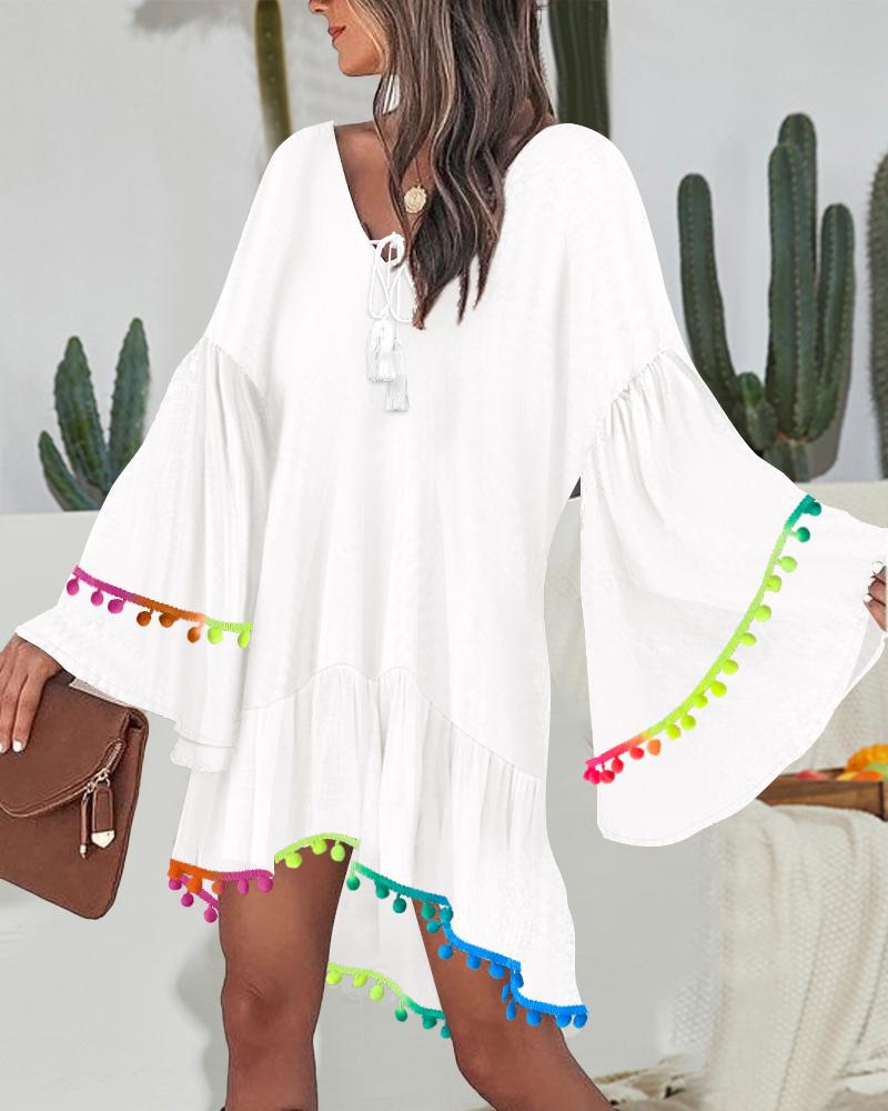 Colorful Pom Pom Decor V-Neck Bell Sleeve Tied Detail High-Low Hem Dress Casual Ruffle Hem Vacation Dress, women Casual Dresses, ChicMe catalog - Image 3