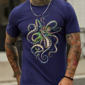 Men's Casual Personality Octopus Print Crew Neck T-Shirt, T-shirts, Lilicloth.com