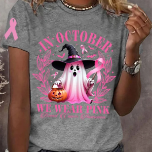 Women's In October We Wear Pink Halloween Ghost Breast Cancer Awareness Warrior Cotton T-shirt, T-shirts, Lilicloth.com