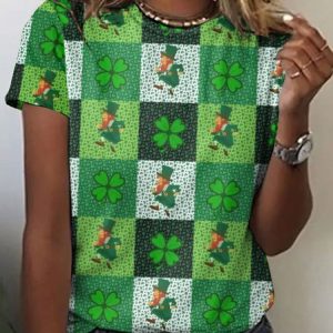 Women's St. Patrick's Day Shamrock Animal Short Sleeve Tee T-shirt Crew Neck Vintage Summer Top, JustFashionNow T-Shirts, color:Green|size:5XL,