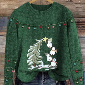 Women's Christmas Snowman Print Crew Neck Sweater, Sweaters, Lilicloth.com