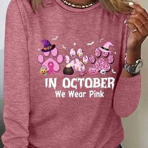 In October We Wear Pink Halloween Fur Dogs Witch Breast Cancer Awareness Casual Long Sleeve Shirt, Long sleeves, Lilicloth.com