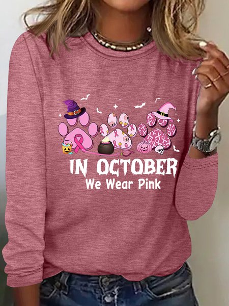In October We Wear Pink Halloween Fur Dogs Witch Breast Cancer Awareness Casual Long Sleeve Shirt, Long sleeves, Lilicloth.com
