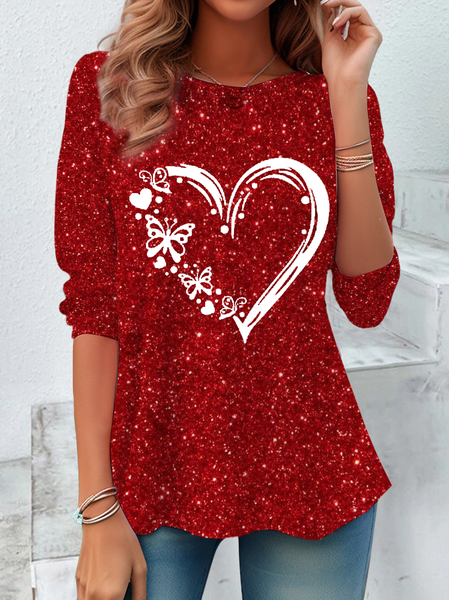 Women's Long Sleeve Tee T-shirt Spring/Fall Butterfly Printing Crew Neck Casual Graphic Tee Top, JustFashionNow T-Shirts, color:Red|size:XXL,