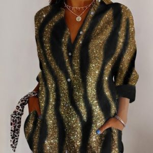 Shirt Collar Long Sleeve Geometric Regular Micro-Elasticity Regular Fit Shirt For Women, Shirts, color:Golden|size:5XL, catalog Noracora shop