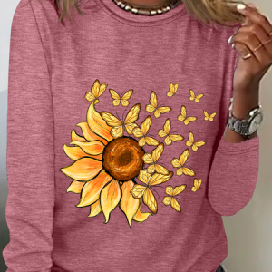 Sunflower Butterfly Casual Long Sleeve Shirt, Long sleeves, Lilicloth.com