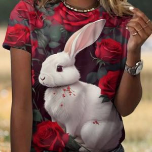 Casual Easter Rabbit Animal Crew Neck Short Sleeve T-shirt, T-shirts, color:Red|size:4XL, catalog Noracora shop