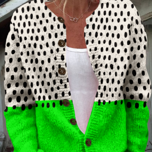 Women Polka Dots Long Sleeve Crew Neck Vintage Spring/Fall Cardigan Outerwear, JustFashionNow Cardigans, color:Dark Green|size:5XL,