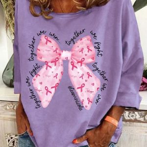 In October We Wear Pink Breast Cancer Awareness Together We Fight We Win Bow Coquette Casual Sweatshirt, Hoodies&Sweatshirts, Lilicloth.com